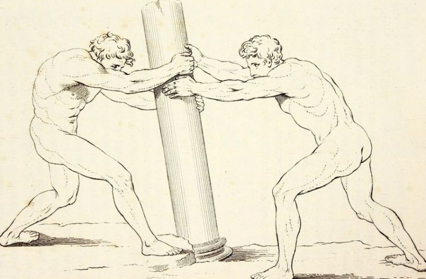 Dos hombres zarandean un pilar, como los deseos zarandean el cuerpo en sentidos opuestos. [El cuerpo humano, extraída del Tratado de la pintura, de Leonardo da Vinci (Imagen de dominio público)]
